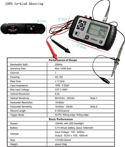 allsun 2 in 1 Handheld Oscilloscope Multimeter Portable Digital Automotive Storage Lab Scope with 1 Channel 25MHz LED Backlit,AC/DC Voltage Ohm Tester in Saudi Arabia