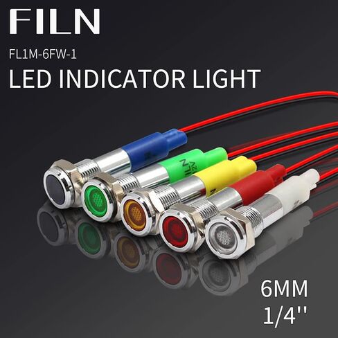 FILN 5 قطع 6 مم (1/4 بوصة) 12 فولت مؤشر ضوء LED معدني صغير مقاوم للماء IP67 مصباح إشارة الطيار أحمر أخضر أصفر أزرق أبيض ([أسود بأكسيد] أحمر 5 قطع) in Kuwait