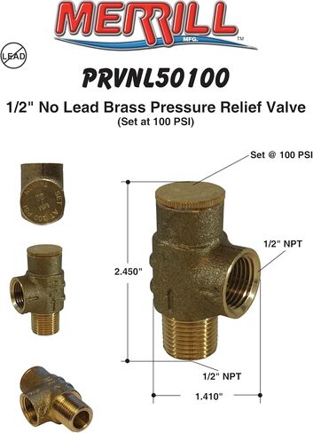 Merrill MFG PRVNL50100 1/2" صمام تخفيف الضغط بدون رصاص، 100 رطل لكل بوصة مربعة in Saudi Arabia
