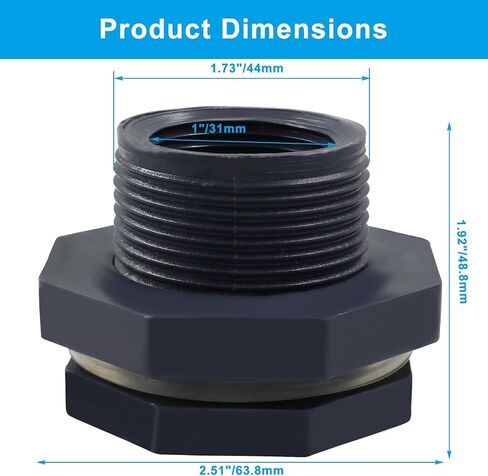 1 Pack 1-1/2" PVC Bulkhead Fitting for Rain Barrels, Aquariums - Dark Grey in Kuwait