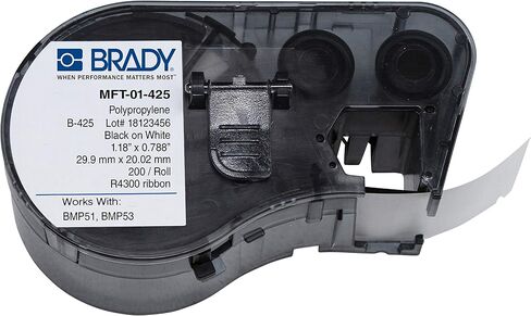 خرطوشة لاصقة Brady MFT-01-425 Polypropylene ½25 Black on White Label makting، عرض 1-11/64" x ارتفاع 25/32"، لطابعات BMP51/BMP53 in Kuwait