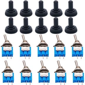 TWTADE / 10 Pcs Mini Toggle Switch ON-Off-ON 3 Position 6 Pins DPDT AC 125V 6A + 10 Pcs Waterproof Cap MTS-203