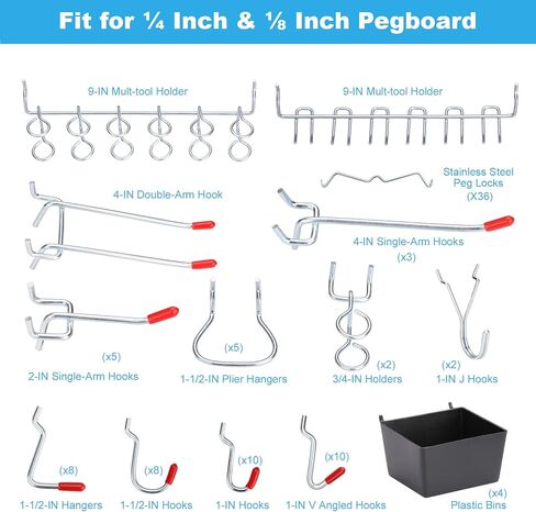 BetzFord 60 خطافًا معدنيًا فاخرًا متنوعًا بالإضافة إلى 132 قفل/غطاء أوتاد للوحة ربط مقاس ¼ بوصة و⅛ بوصة، لن تسقط in Kuwait