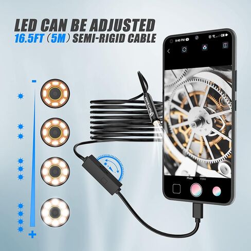 1920P Endoscope Snake Inspection Camera, Lightswim Type C Borescope, Scope Camera with 8 LED Lights for Android and iOS Smartphone, iPhone, iPad, Samsung (16.5 FT/5M) in Kuwait