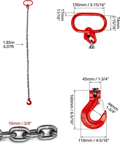 QWORK سلسلة حبال، 3/8 بوصة × 6 بوصة حبال سلسلة ساق واحدة مع خطاف، سعة تحميل 6614 رطل، سلسلة رفع المحرك من سبائك الصلب G80، للآلات والموانئ والبناء، أحمر in Kuwait