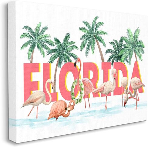 لوحة فنية جدارية من القماش من Stupell Industries Florida Flamingo Pool مع أشجار النخيل الاستوائية الخضراء in Kuwait