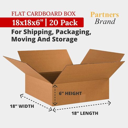 PARTNERS BRAND 18 x 18 x 6 Corrugated Cardboard Boxes, Flat 18"L x 18"W x 6"H, Pack of 20 | Shipping, Packaging, Moving, Storage Box for Home or Business, Strong Wholesale Bulk Boxes in Saudi Arabia