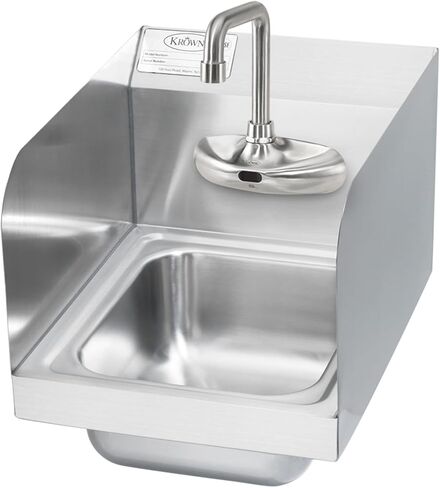 حوض يد Krowne HS-65، مثبت على الحائط، وعاء عميق 9 بوصة عرض × 11 بوصة عمق × 5 بوصة، صنبور إلكتروني OC 4 بوصة، صنبور مزدوج الانحناء 4-1/2 بوصة، رشاشات جانبية 7-3/4 بوصة، يشمل: وحدة التحكم وصمام الخلط الميكانيكي وخرطوم الإمداد in Kuwait