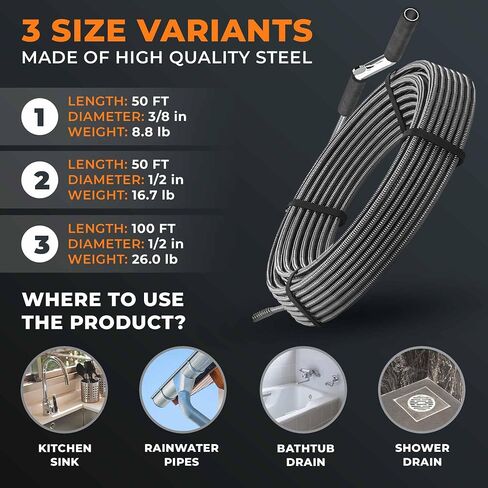 drain snake 3.0 [100 FT] - extremely long - Ideal plumbing snake for heavy & deep blockages - The drain auger for real do-it-yourselfers! (100 FT - 1/2 inch) in Kuwait