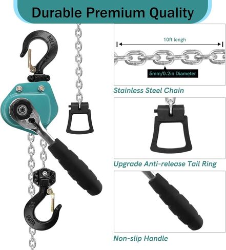 رافعة سلسلة فولغوتونيت 3/4 طن بسعة 1650 رطل، سلسلة سقوط 10 أقدام ارتفاع الرفع G80 سلسلة فولاذية تأتي على طول، 0.75 طن رافعة سلسلة رافعة يدوية للكراجات والمستودعات وورش العمل والمواقع الصناعية in Kuwait