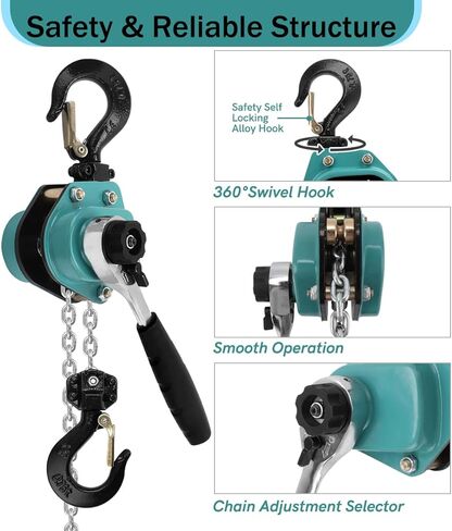 رافعة سلسلة فولغوتونيت 3/4 طن بسعة 1650 رطل، سلسلة سقوط 10 أقدام ارتفاع الرفع G80 سلسلة فولاذية تأتي على طول، 0.75 طن رافعة سلسلة رافعة يدوية للكراجات والمستودعات وورش العمل والمواقع الصناعية in Kuwait