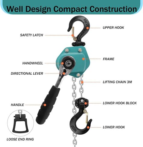 رافعة سلسلة فولغوتونيت 3/4 طن بسعة 1650 رطل، سلسلة سقوط 10 أقدام ارتفاع الرفع G80 سلسلة فولاذية تأتي على طول، 0.75 طن رافعة سلسلة رافعة يدوية للكراجات والمستودعات وورش العمل والمواقع الصناعية in Kuwait