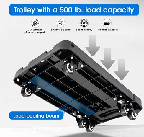 عربة أطفال قابلة للطي، قابلة للطي، عربة محمولة قابلة للطي من دوللي للحركة، 226 كجم عربة أمتعة شديدة التحمل مع 6 عجلات و 2 أسلاك بنجي للأمتعة، والسفر، والحركة، والتسوق، والمكتب (أسود) in Kuwait