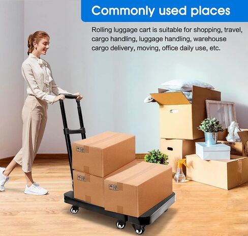 عربة أطفال قابلة للطي، قابلة للطي، عربة محمولة قابلة للطي من دوللي للحركة، 226 كجم عربة أمتعة شديدة التحمل مع 6 عجلات و 2 أسلاك بنجي للأمتعة، والسفر، والحركة، والتسوق، والمكتب (أسود) in Kuwait