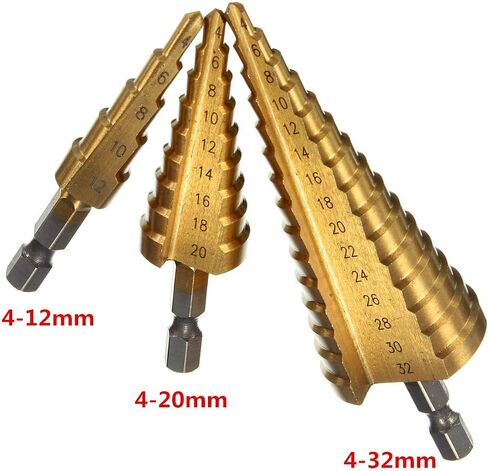 مجموعة لقم الثقب ذات الخطوة Yangoutool HSS، مجموعة لقم الثقب ذات الخطوة المطلية بساق سداسية مكونة من 3 قطع، 4-12/20 / 32 مم لقمة ثقب مخروطية كبيرة من التيتانيوم HSS in Kuwait