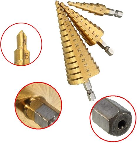 مجموعة لقم الثقب ذات الخطوة Yangoutool HSS، مجموعة لقم الثقب ذات الخطوة المطلية بساق سداسية مكونة من 3 قطع، 4-12/20 / 32 مم لقمة ثقب مخروطية كبيرة من التيتانيوم HSS in Kuwait