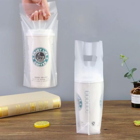 100 قطعة من أكياس بولي الشرب بمقبض، أكياس تغليف بلاستيكية شفافة لتوصيل الطعام، 6.3 بوصة × 11 بوصة تحمل ما يصل إلى 32 أونصة من الأكواب، حامل أكواب بفتحة معلقة مع مقبض للإخراج والمشروبات in Kuwait