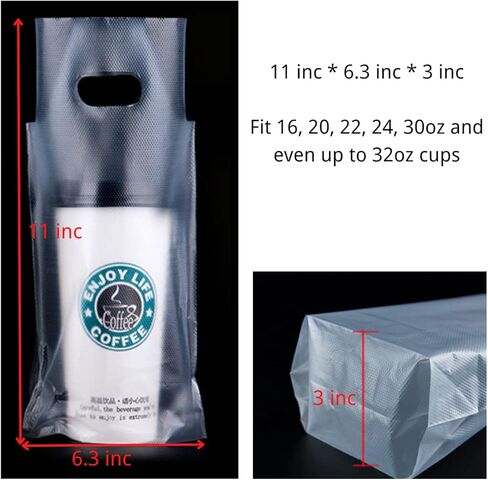 100 قطعة من أكياس بولي الشرب بمقبض، أكياس تغليف بلاستيكية شفافة لتوصيل الطعام، 6.3 بوصة × 11 بوصة تحمل ما يصل إلى 32 أونصة من الأكواب، حامل أكواب بفتحة معلقة مع مقبض للإخراج والمشروبات in Kuwait