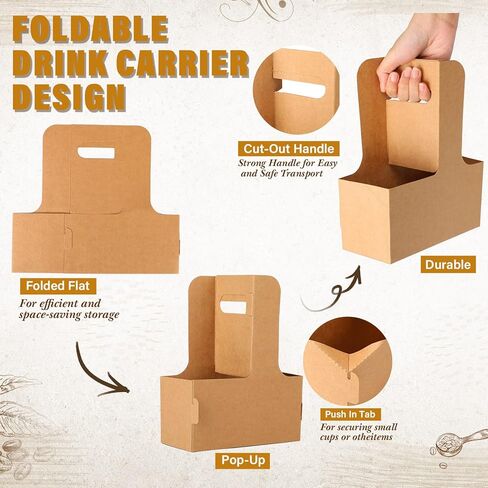 حامل مشروبات بمقبض من قطعتين، حامل اكواب ورقية للاستعمال مرة واحدة، حامل اكواب ورقية مع مقبض، حامل اكواب قهوة للسفر للمطاعم وتوصيل الطعام (100) in Kuwait