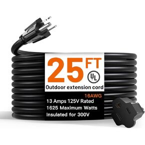 addlon 25 Feet Outdoor Extension Cord Waterproof Deep Black 16 AWG 3 Prong, Flexible Long Wires Perfect for Home or Office Use, UL Listed in Kuwait