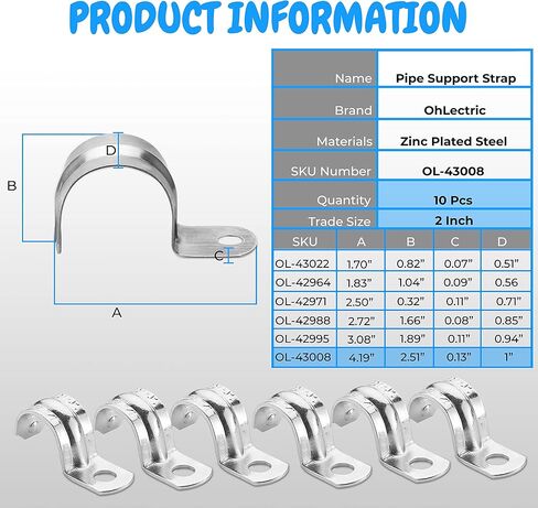 OhLectric 1 Hole 3/4 Inch EMT Pipe Strap | Reinforced Rib, Hole for Extra Strength | Snap-On Installation | Zinc-Plated Steel Pipe Clamp to Secure EMT Conduit | Pack Of 100; OL-42964 in Kuwait