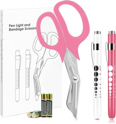 قلم ضوء ومقص ضمادة 3 عبوات، قلم LED للتلميذ قابل لإعادة الاستخدام، مقص طبي للصدمات 7 ½ بوصة للممرضات والأطباء وEMT وEMS والإسعافات الأولية المنزلية، خالية من البطاريات in Kuwait