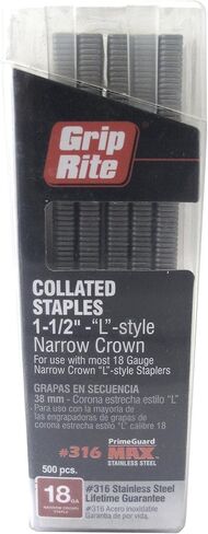 Grip Rite Prime Guard MAXB64912 1-1/2-inch 316 Stainless Steel 18 Gauge “L"-style Narrow Crown Staple, 500 per Belt Clip in Saudi Arabia