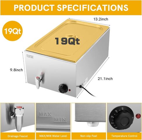 جهاز تسخين الطعام التجاري من فولجوتونيت، 600 وات 19 كيو تي، سخان طعام بالحجم الكامل، سطح طاولة بخار كهربائي احترافي باين ماري مع درجة حرارة قابلة للتعديل وغطاء للحفلات والمطاعم وتقديم الطعام in Kuwait