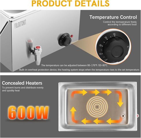 جهاز تسخين الطعام التجاري من فولجوتونيت، 600 وات 19 كيو تي، سخان طعام بالحجم الكامل، سطح طاولة بخار كهربائي احترافي باين ماري مع درجة حرارة قابلة للتعديل وغطاء للحفلات والمطاعم وتقديم الطعام in Kuwait