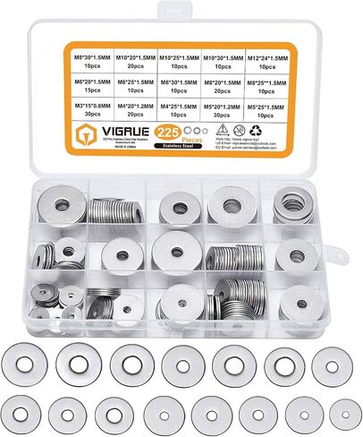VIGRUE 304 Stainless Steel Flat Washers Set Washers Hardware Assortment 225 Pieces -15 Sizes M3 M4 M5 M6 M8 M10 M12 in Saudi Arabia