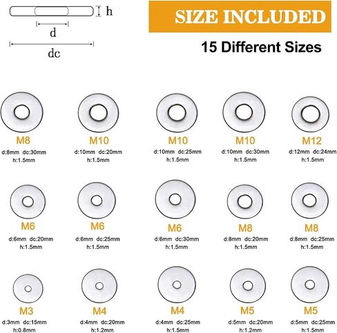 VIGRUE 304 Stainless Steel Flat Washers Set Washers Hardware Assortment 225 Pieces -15 Sizes M3 M4 M5 M6 M8 M10 M12 in Saudi Arabia
