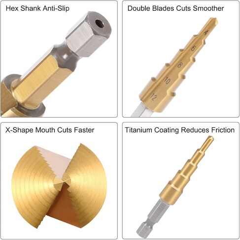 uxcell Step Drill Bit HSS 4241 4mm to 12mm 5 Sizes Titanium Coated Straight Flutes Hex Shank for Metal Wood Plastic in Saudi Arabia