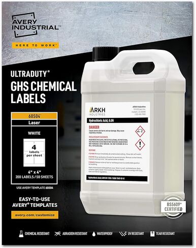 ملصقات كيميائية Avery UltraDuty GHS لطابعات الليزر، مقاومة للماء والأشعة فوق البنفسجية، 4 بوصة × 4 بوصة، 200 عبوة (60504) in Kuwait