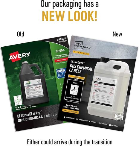 ملصقات كيميائية Avery UltraDuty GHS لطابعات الليزر، مقاومة للماء والأشعة فوق البنفسجية، 4 بوصة × 4 بوصة، 200 عبوة (60504) in Kuwait