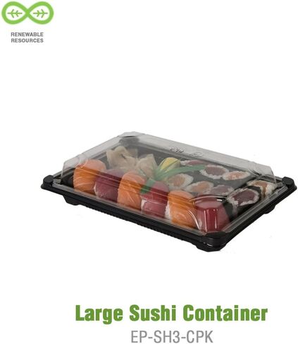 حاوية سوشي بلاستيكية فاخرة من المنتجات البيئية EP-SH3-CPK مع غطاء، طول 9 بوصة × عرض 6 بوصة × ارتفاع 1-3/4 بوصة (6 عبوات من 100 قطعة) in Kuwait