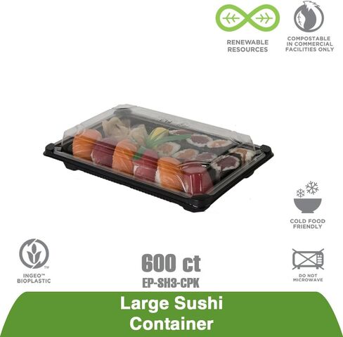 حاوية سوشي بلاستيكية فاخرة من المنتجات البيئية EP-SH3-CPK مع غطاء، طول 9 بوصة × عرض 6 بوصة × ارتفاع 1-3/4 بوصة (6 عبوات من 100 قطعة) in Kuwait