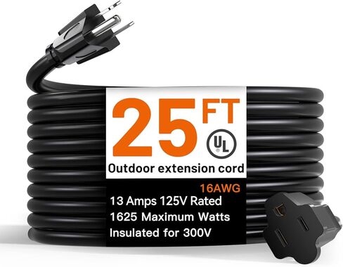 سلك تمديد خارجي بطول 25 قدم من Addlon مقاوم للماء باللون الأسود العميق 16 AWG 3 شوكات، أسلاك طويلة مرنة مثالية للاستخدام في المنزل أو المكتب، مدرج في قائمة UL in Kuwait