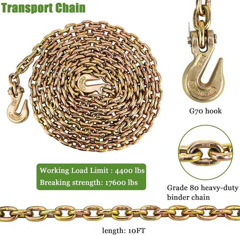 مجموعة سلسلة ومجلدات 5/16 انش - 3/8 انش، سلسلة ربط شديدة التحمل، 5000 باوند، مجموعة ربط سلسلة 5/16 انش × 20 قدم مع خطافات G70 in Kuwait