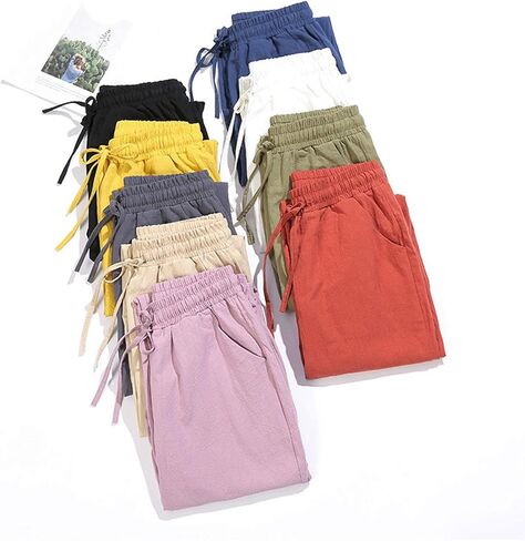 Andongnywell Womens Casual Cotton Linen Straight Leg Pants Loose Drawstring Elastic Waist Harem Pant with Pockets in Saudi Arabia