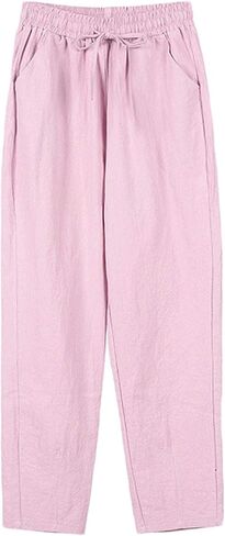 Andongnywell Womens Casual Cotton Linen Straight Leg Pants Loose Drawstring Elastic Waist Harem Pant with Pockets in Saudi Arabia