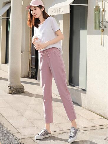 Andongnywell Womens Casual Cotton Linen Straight Leg Pants Loose Drawstring Elastic Waist Harem Pant with Pockets in Saudi Arabia