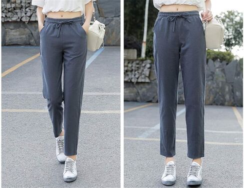 Andongnywell Womens Casual Cotton Linen Straight Leg Pants Loose Drawstring Elastic Waist Harem Pant with Pockets in Saudi Arabia