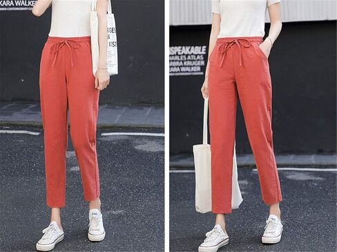 Andongnywell Womens Casual Cotton Linen Straight Leg Pants Loose Drawstring Elastic Waist Harem Pant with Pockets in Saudi Arabia
