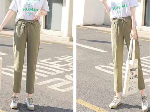 Andongnywell Womens Casual Cotton Linen Straight Leg Pants Loose Drawstring Elastic Waist Harem Pant with Pockets in Saudi Arabia