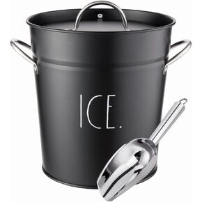 Rae Dunn Ice Bucket with Scoop - Stainless Steel Bucket with Handle, Lid and Ice Scooper - 4 Qt. Storage Bin for Ice Cubes for Bars, Parties, Backyard Barbeques, Picnics, and Camping (Black)