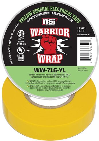 شريط كهربائي من الفينيل NSI WW-716-YL WarriorWrap General 7 مل، عرض 3/4 بوصة، طول 60 بوصة، أصفر in Kuwait