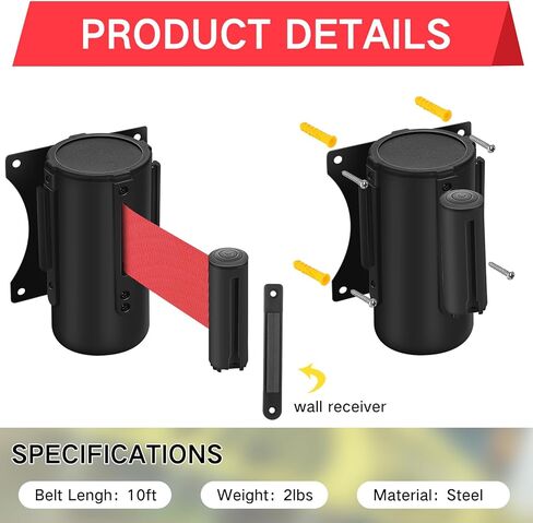 ياوكوم قطعتان من حزام الحزام القابل للسحب على الحائط وحزام تحذير بطول 10 أقدام مع علبة سوداء حواجز التحكم في الحشود لفواصل خط التحكم في الحشود في الداخل والخارج (حزام أحمر) in Kuwait
