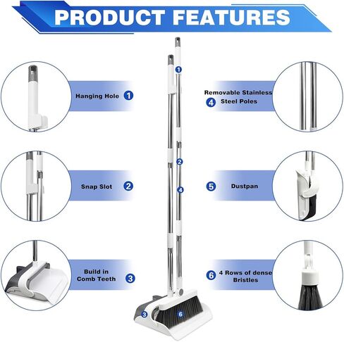 مكنسة مع مجموعة مجارف كومبو، مكانس بمقبض طويل من الفولاذ المقاوم للصدأ بطول 48 بوصة، مجرفة واقفة للمطبخ، وردهة المكتب، وغرفة المعيشة، والمطبخ، والحديقة، وأرضية المكتب in Kuwait