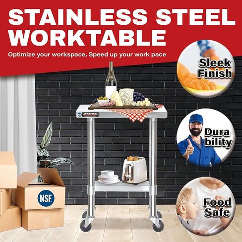 طاولة من الفولاذ المقاوم للصدأ لإعداد الطعام - عربة طاولة معدنية DuraSteel مقاس 24 × 12 بوصة - منضدة عمل تجارية مع عجلة دوارة - معتمدة من NSF - للمطعم والمستودع والمنزل والمطبخ والجراج in Kuwait
