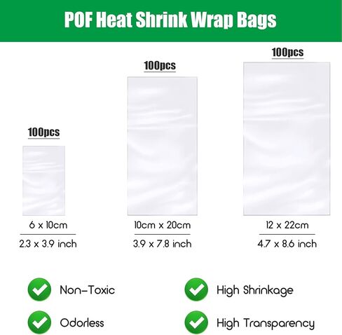 300 قطعة من اكياس تغليف شفافة قابلة للانكماش من بي او اف، 3 احجام، مجموعة تغليف غشاء حراري لمستلزمات المنزل لتغليف اطارات الصور والصابون والكتب والشموع وزجاجات الزيت (2 × 4 انش، 4 × 8 انش، 7 × 10 انش) in Kuwait